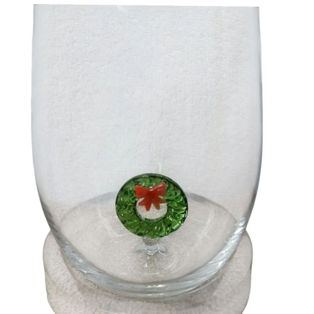 Stemless Wine Glass Christmas With Festive Green Wreath & Red Bow Design In Gift